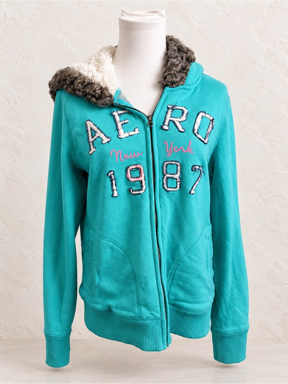 Aeropostale Aero 1987 Teal Faux Fur Zip-Up Hoodie Y2K XL